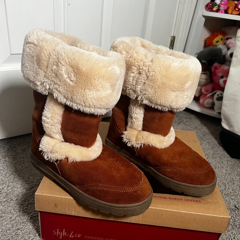Style & Co Brown Suede Fur Boots